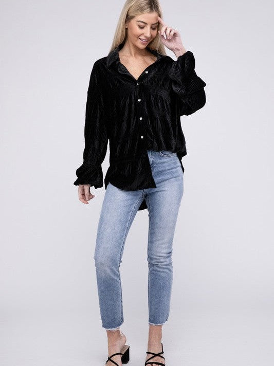 Distinctive in Velvet Wrinkle Effect Shirring Long Sleeve Velvet Shirt-Women's Shirts & Tops-Shop Z & Joxa