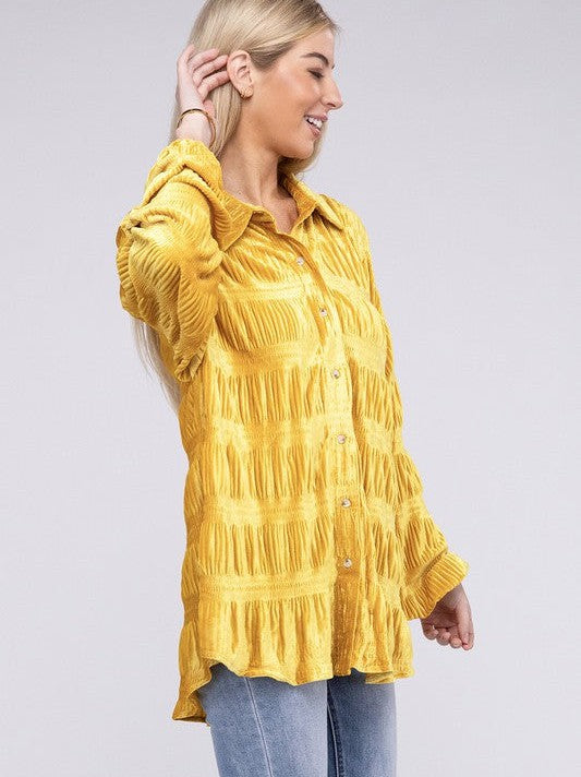 Distinctive in Velvet Wrinkle Effect Shirring Long Sleeve Velvet Shirt-Women's Shirts & Tops-Shop Z & Joxa