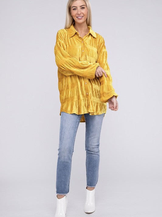 Distinctive in Velvet Wrinkle Effect Shirring Long Sleeve Velvet Shirt-Women's Shirts & Tops-Shop Z & Joxa