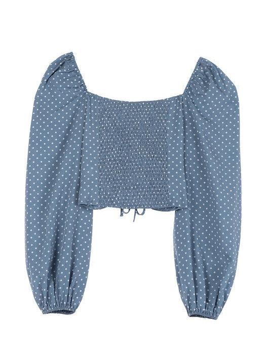 Dotted Blue Sky Ruched Crop Top-Women's Clothing-Shop Z & Joxa