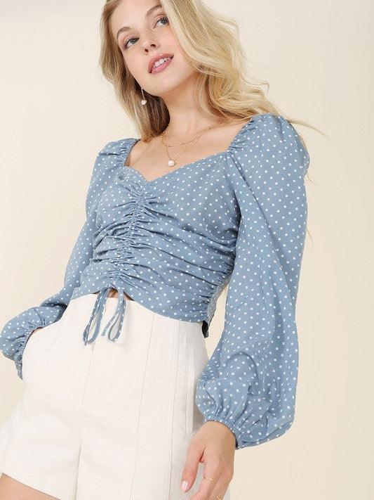 Dotted Blue Sky Ruched Crop Top-Women's Clothing-Shop Z & Joxa