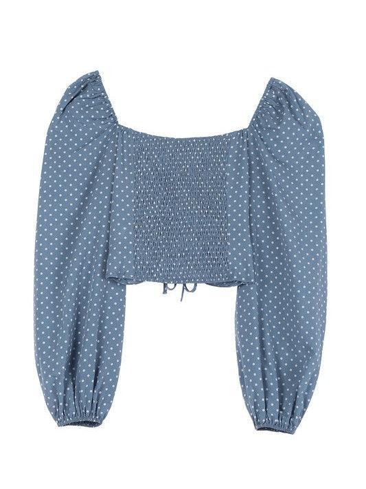 Dotted Blue Sky Ruched Crop Top-Women's Shirts & Tops-Shop Z & Joxa