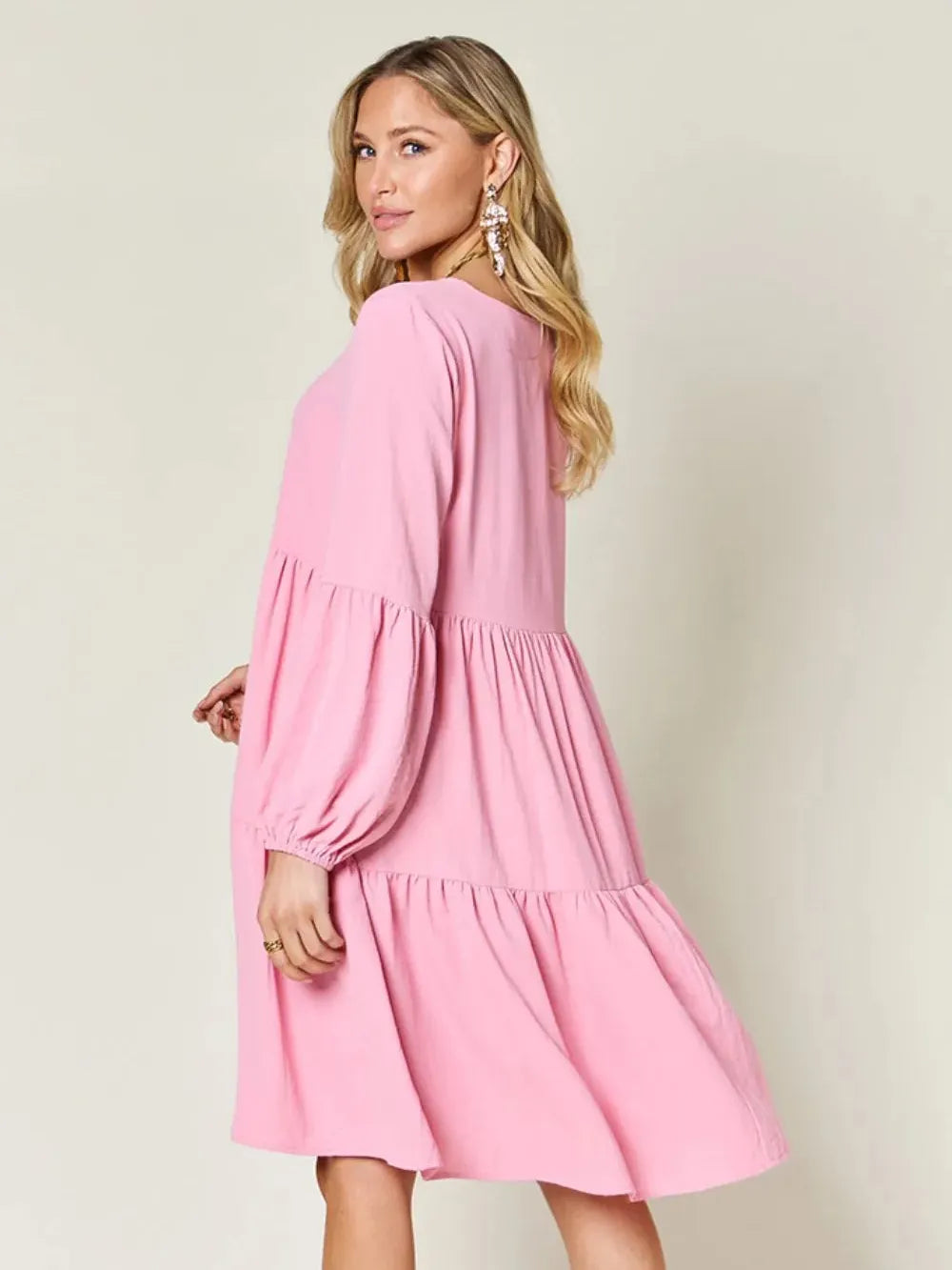 Double Take Daydream Darling V-Neck Balloon Sleeve Tiered Dress with Pockets-Women's Dresses-Shop Z & Joxa