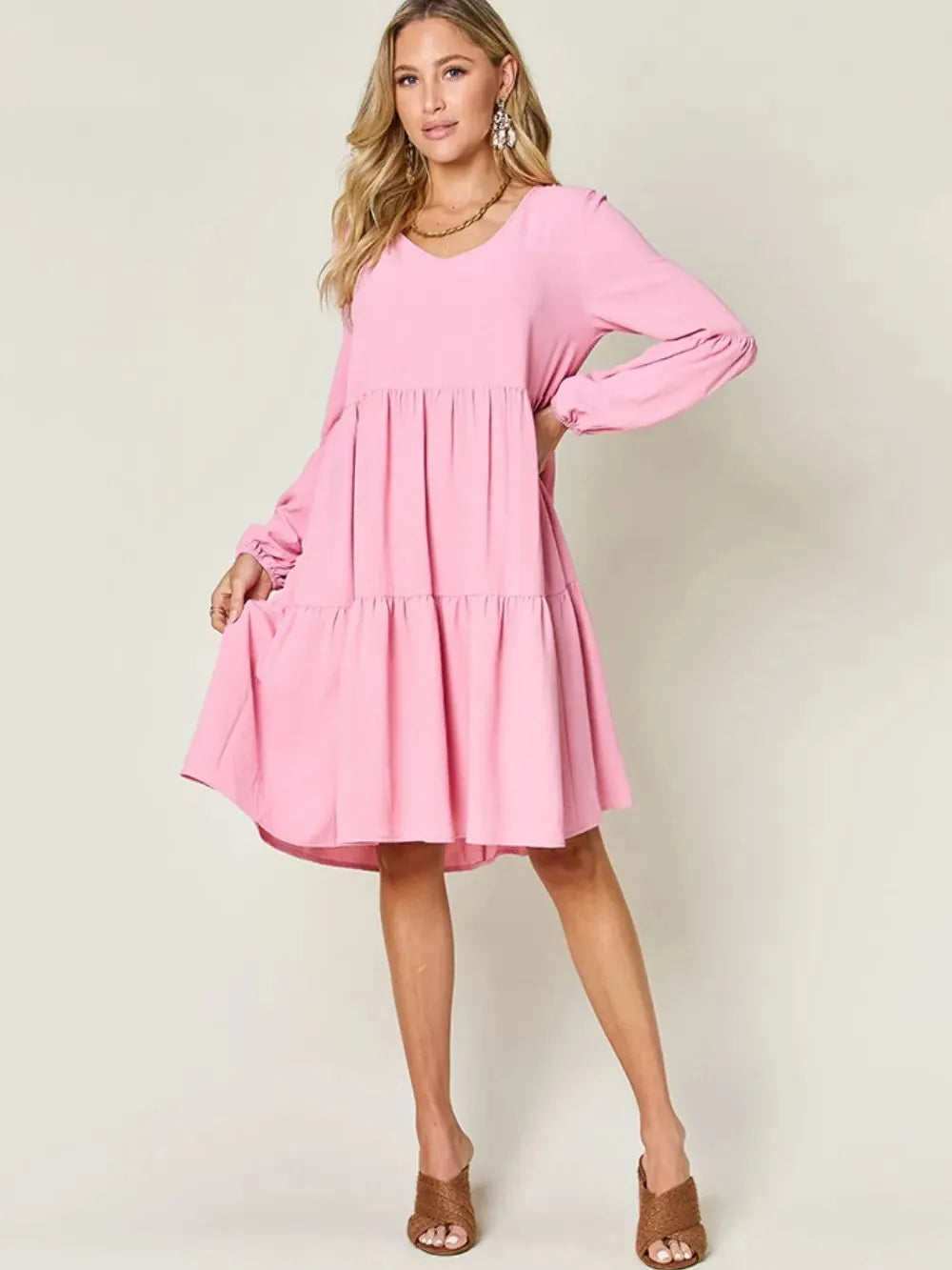Double Take Daydream Darling V-Neck Balloon Sleeve Tiered Dress with Pockets-Women's Dresses-Shop Z & Joxa