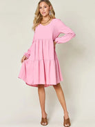 Double Take Daydream Darling V-Neck Balloon Sleeve Tiered Dress with Pockets-Women's Dresses-Shop Z & Joxa