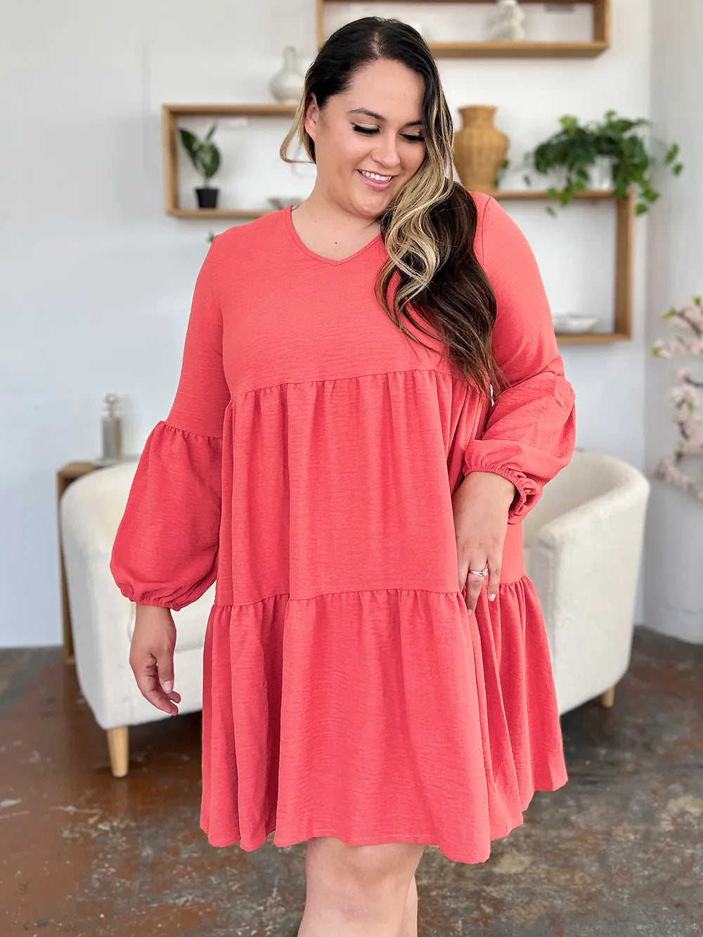 Double Take Daydream Darling V-Neck Balloon Sleeve Tiered Dress with Pockets-Women's Dresses-Shop Z & Joxa