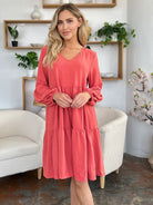 Double Take Daydream Darling V-Neck Balloon Sleeve Tiered Dress with Pockets-Women's Dresses-Shop Z & Joxa
