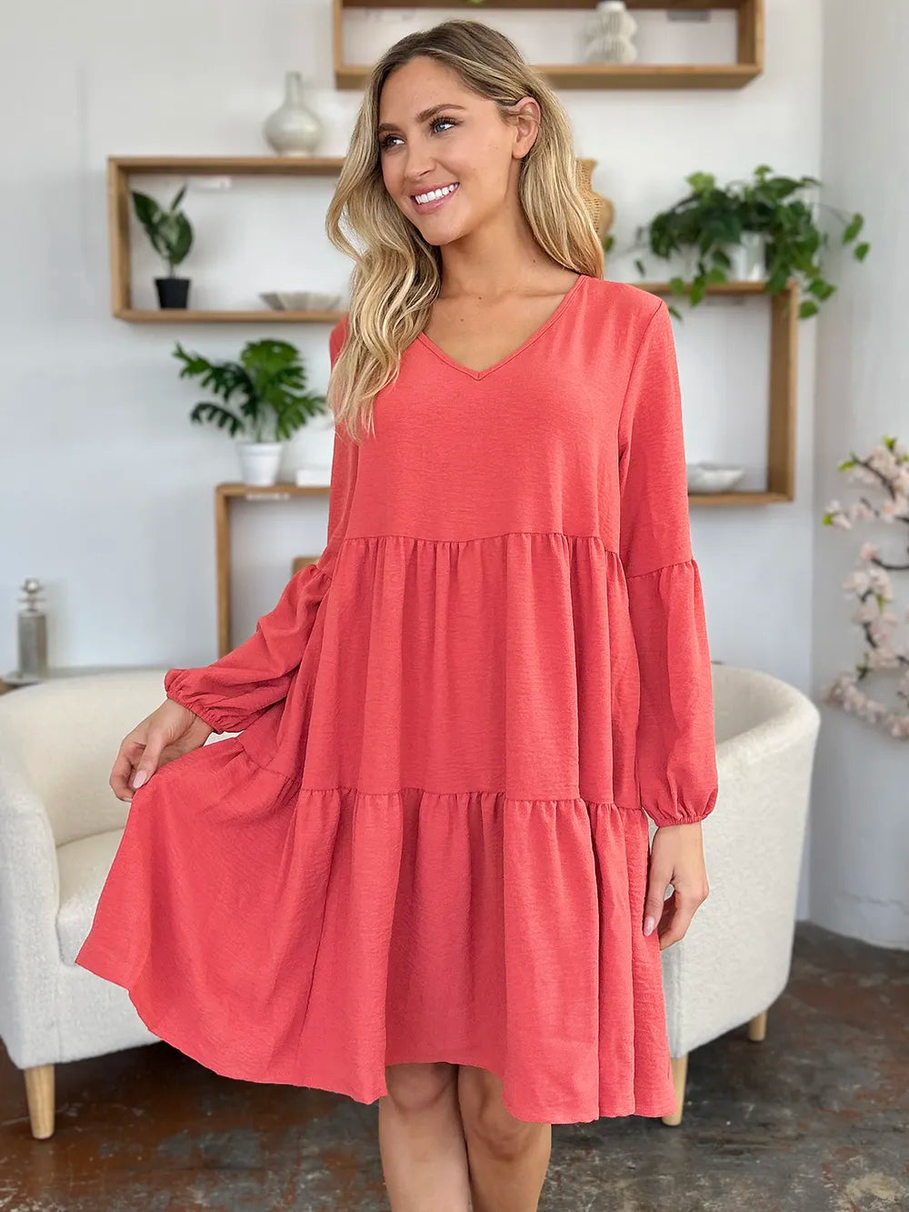 Double Take Daydream Darling V-Neck Balloon Sleeve Tiered Dress with Pockets-Women's Dresses-Shop Z & Joxa