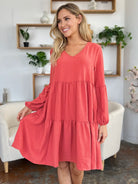 Double Take Daydream Darling V-Neck Balloon Sleeve Tiered Dress with Pockets-Women's Dresses-Shop Z & Joxa