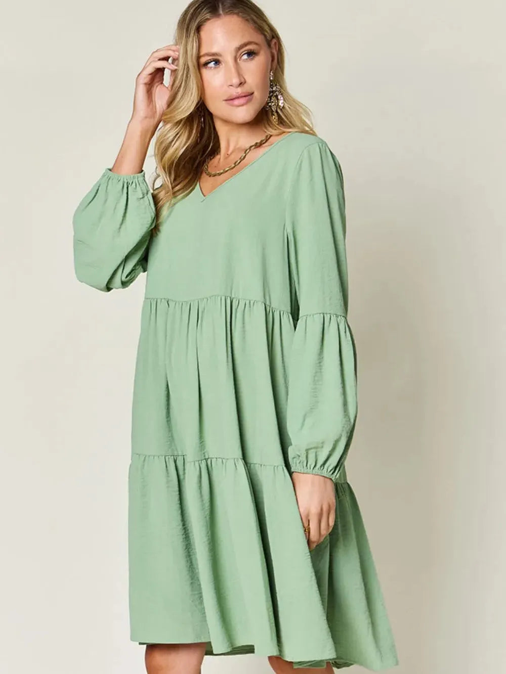 Double Take Daydream Darling V-Neck Balloon Sleeve Tiered Dress with Pockets-Women's Dresses-Shop Z & Joxa