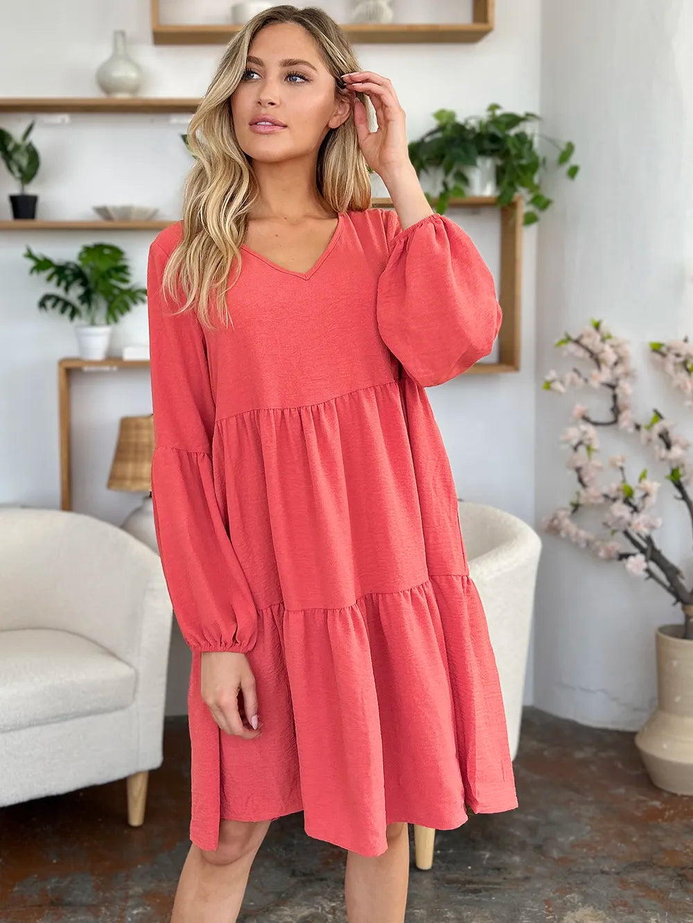 Double Take Daydream Darling V-Neck Balloon Sleeve Tiered Dress with Pockets-Women's Dresses-Shop Z & Joxa