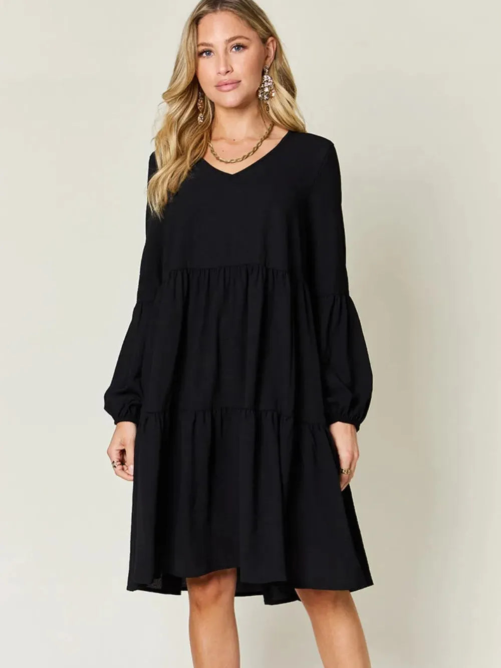 Double Take Daydream Darling V-Neck Balloon Sleeve Tiered Dress with Pockets-Women's Dresses-Shop Z & Joxa