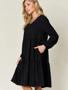Double Take Daydream Darling V-Neck Balloon Sleeve Tiered Dress with Pockets-Women's Dresses-Shop Z & Joxa