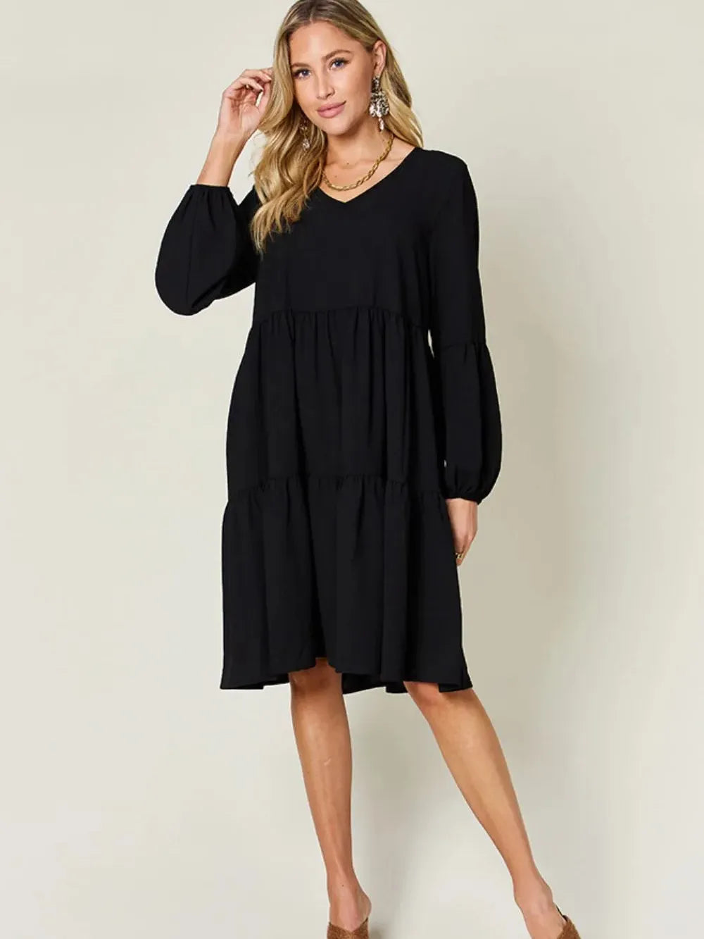 Double Take Daydream Darling V-Neck Balloon Sleeve Tiered Dress with Pockets-Women's Dresses-Shop Z & Joxa