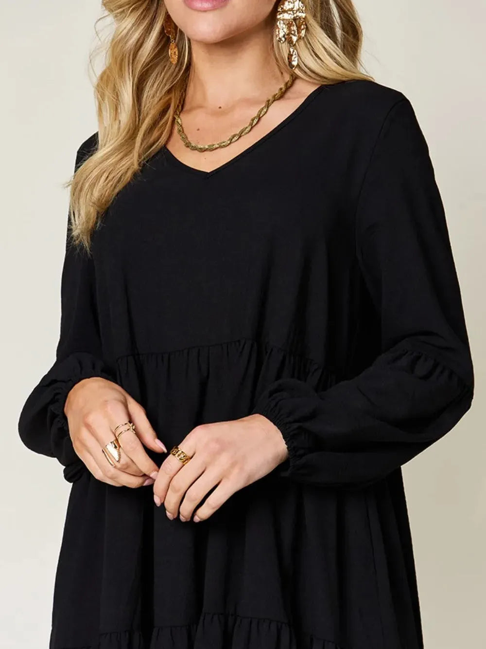 Double Take Daydream Darling V-Neck Balloon Sleeve Tiered Dress with Pockets-Women's Dresses-Shop Z & Joxa