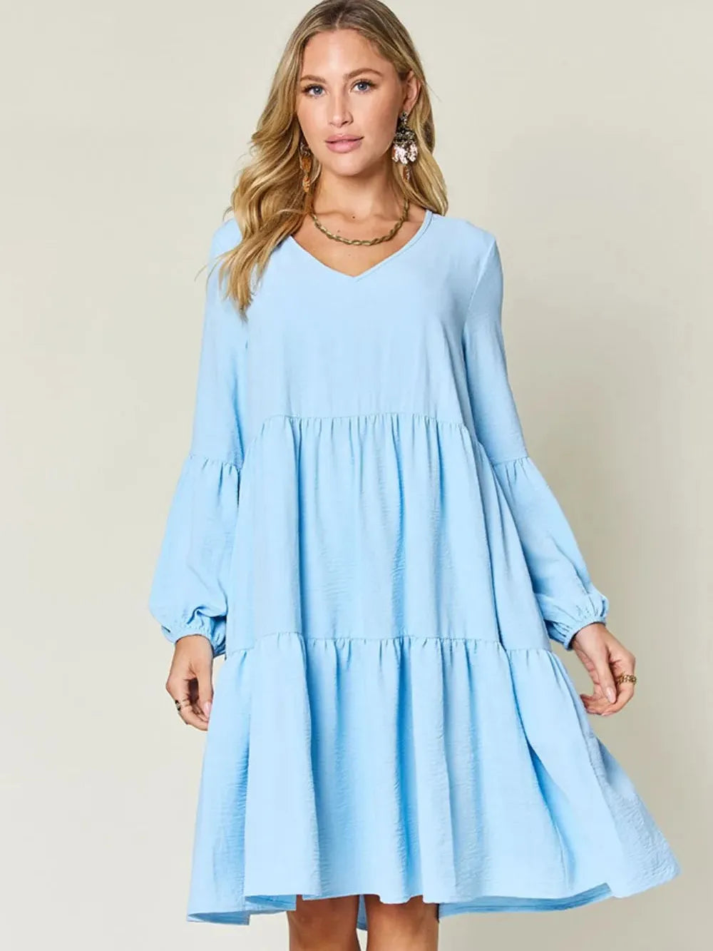 Double Take Daydream Darling V-Neck Balloon Sleeve Tiered Dress with Pockets-Women's Dresses-Shop Z & Joxa
