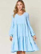 Double Take Daydream Darling V-Neck Balloon Sleeve Tiered Dress with Pockets-Women's Dresses-Shop Z & Joxa