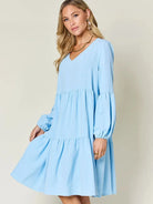 Double Take Daydream Darling V-Neck Balloon Sleeve Tiered Dress with Pockets-Women's Dresses-Shop Z & Joxa