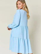 Double Take Daydream Darling V-Neck Balloon Sleeve Tiered Dress with Pockets-Women's Dresses-Shop Z & Joxa