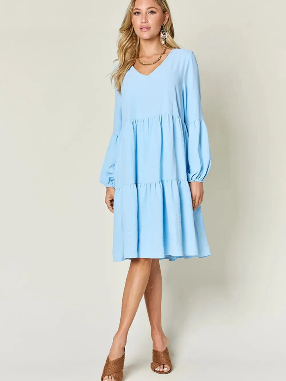 Double Take Daydream Darling V-Neck Balloon Sleeve Tiered Dress with Pockets-Women's Dresses-Shop Z & Joxa