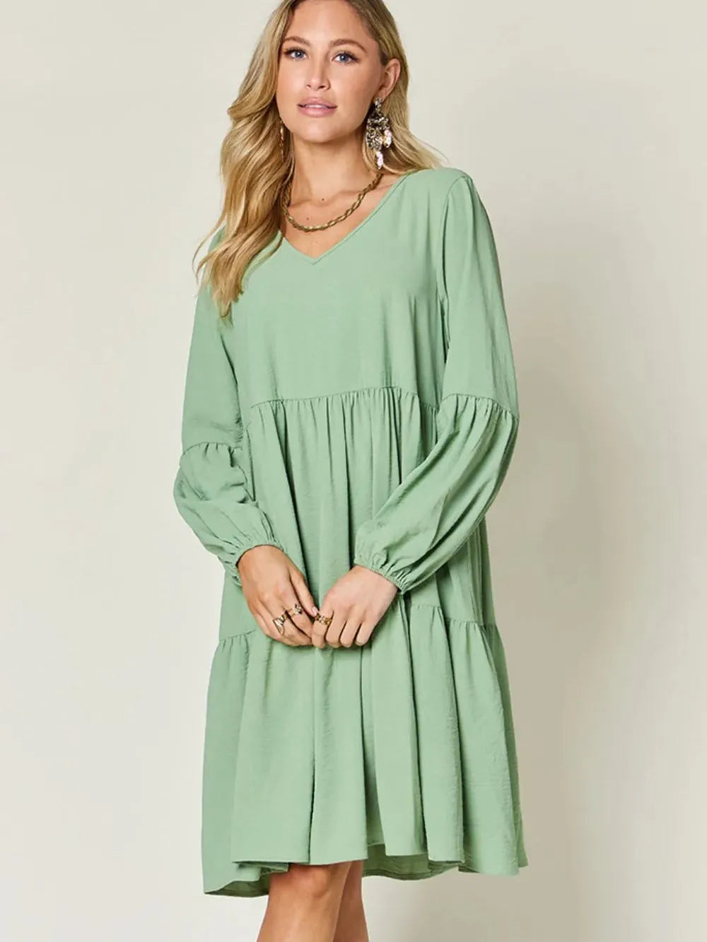 Double Take Daydream Darling V-Neck Balloon Sleeve Tiered Dress with Pockets-Women's Dresses-Shop Z & Joxa