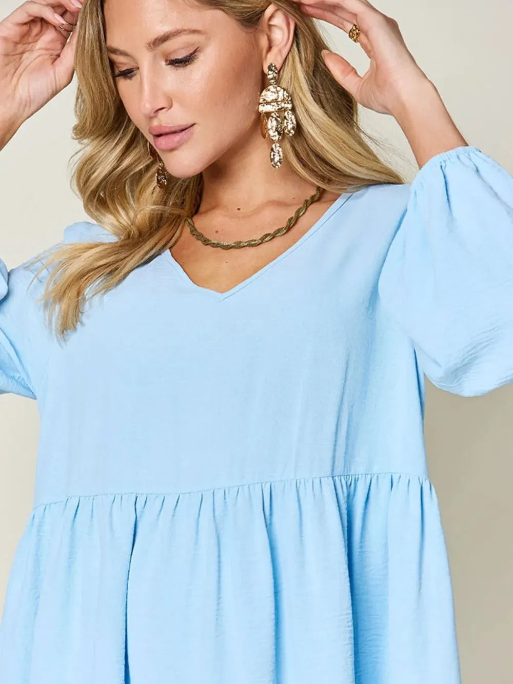 Double Take Daydream Darling V-Neck Balloon Sleeve Tiered Dress with Pockets-Women's Dresses-Shop Z & Joxa