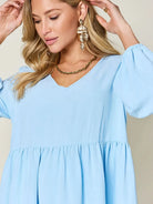Double Take Daydream Darling V-Neck Balloon Sleeve Tiered Dress with Pockets-Women's Dresses-Shop Z & Joxa