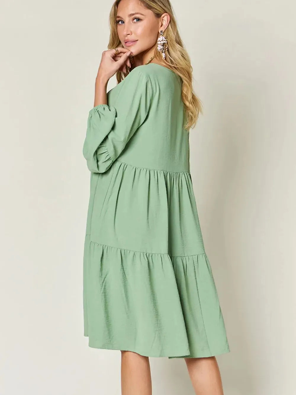 Double Take Daydream Darling V-Neck Balloon Sleeve Tiered Dress with Pockets-Women's Dresses-Shop Z & Joxa