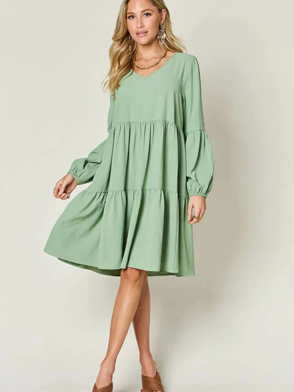 Double Take Daydream Darling V-Neck Balloon Sleeve Tiered Dress with Pockets-Women's Dresses-Shop Z & Joxa