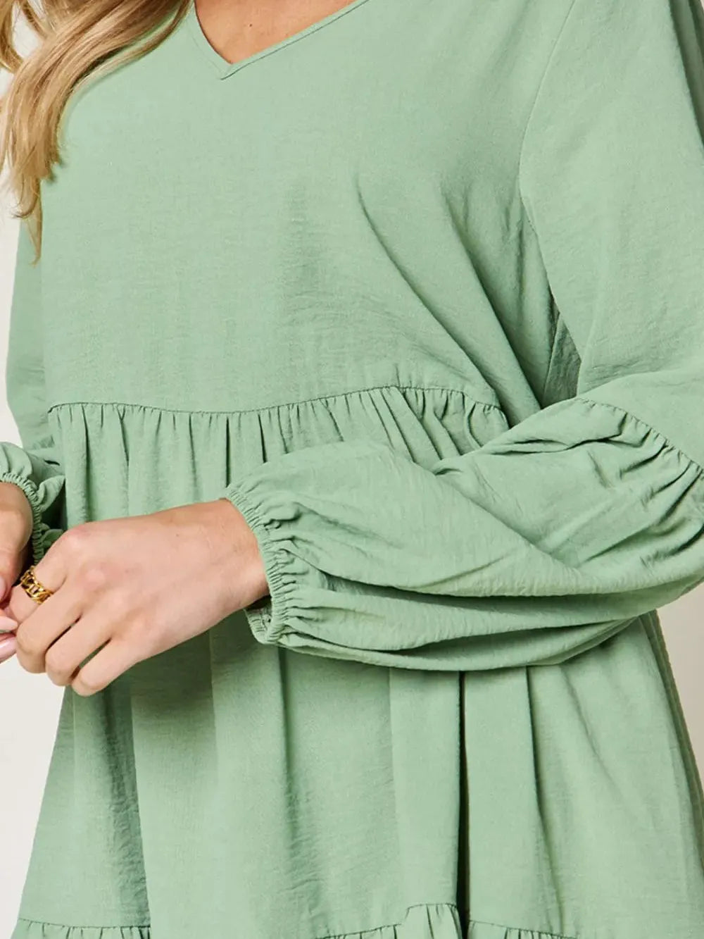 Double Take Daydream Darling V-Neck Balloon Sleeve Tiered Dress with Pockets-Women's Dresses-Shop Z & Joxa