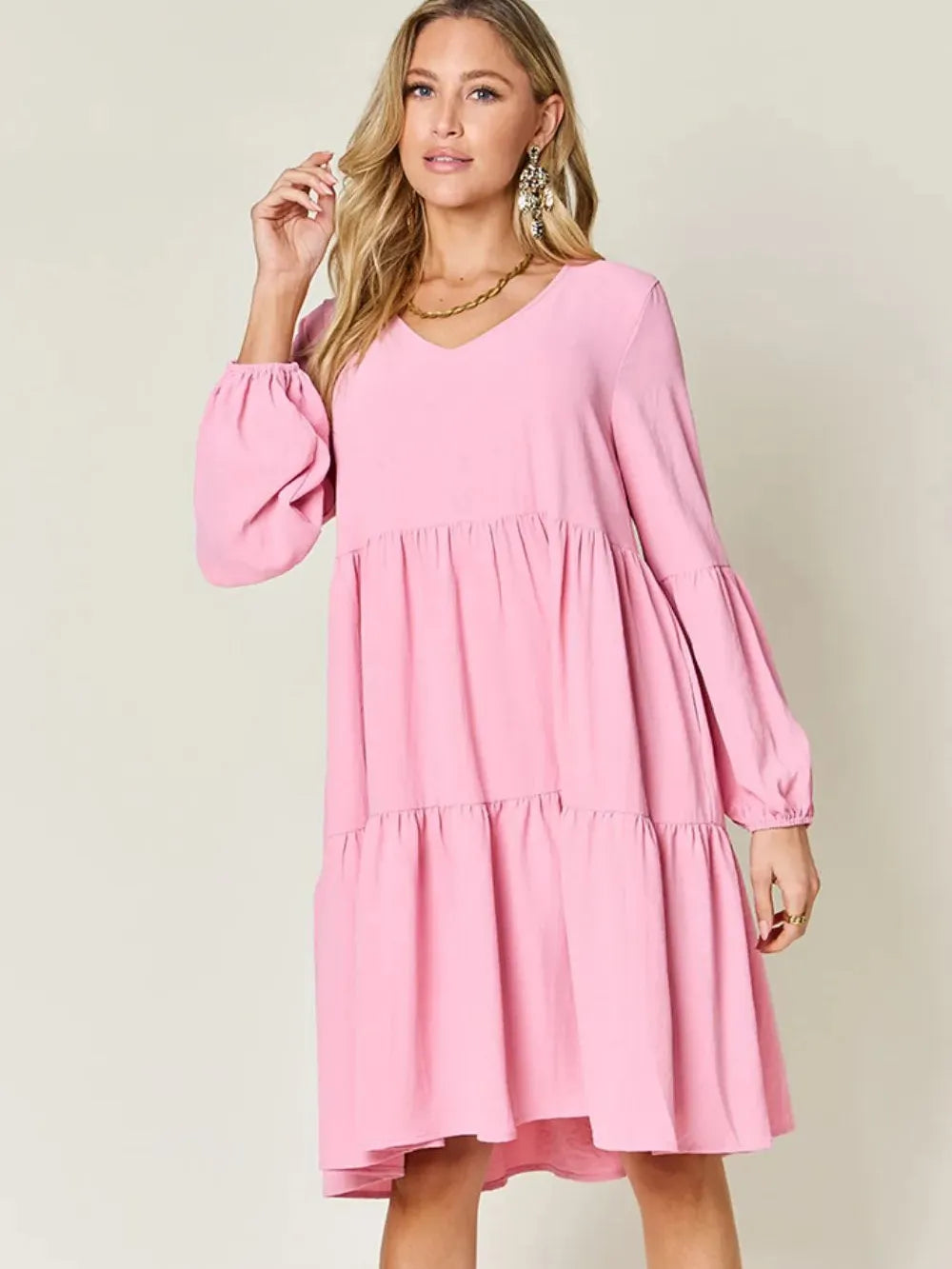 Double Take Daydream Darling V-Neck Balloon Sleeve Tiered Dress with Pockets-Women's Dresses-Shop Z & Joxa