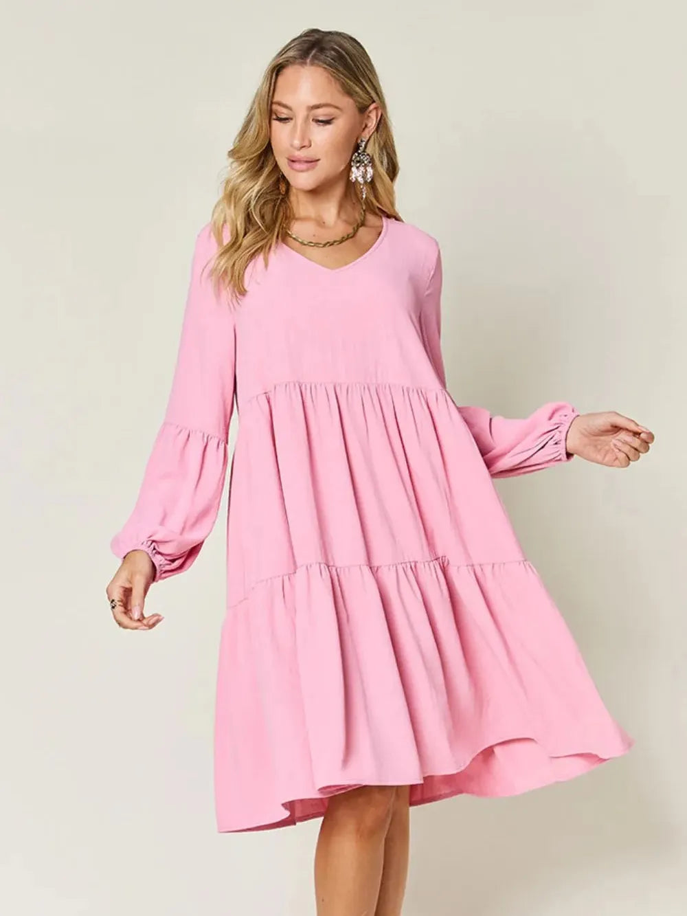 Double Take Daydream Darling V-Neck Balloon Sleeve Tiered Dress with Pockets-Women's Dresses-Shop Z & Joxa