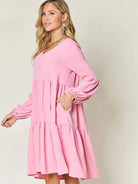 Double Take Daydream Darling V-Neck Balloon Sleeve Tiered Dress with Pockets-Women's Dresses-Shop Z & Joxa