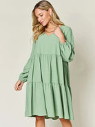 Double Take Daydream Darling V-Neck Balloon Sleeve Tiered Dress with Pockets-Women's Dresses-Shop Z & Joxa