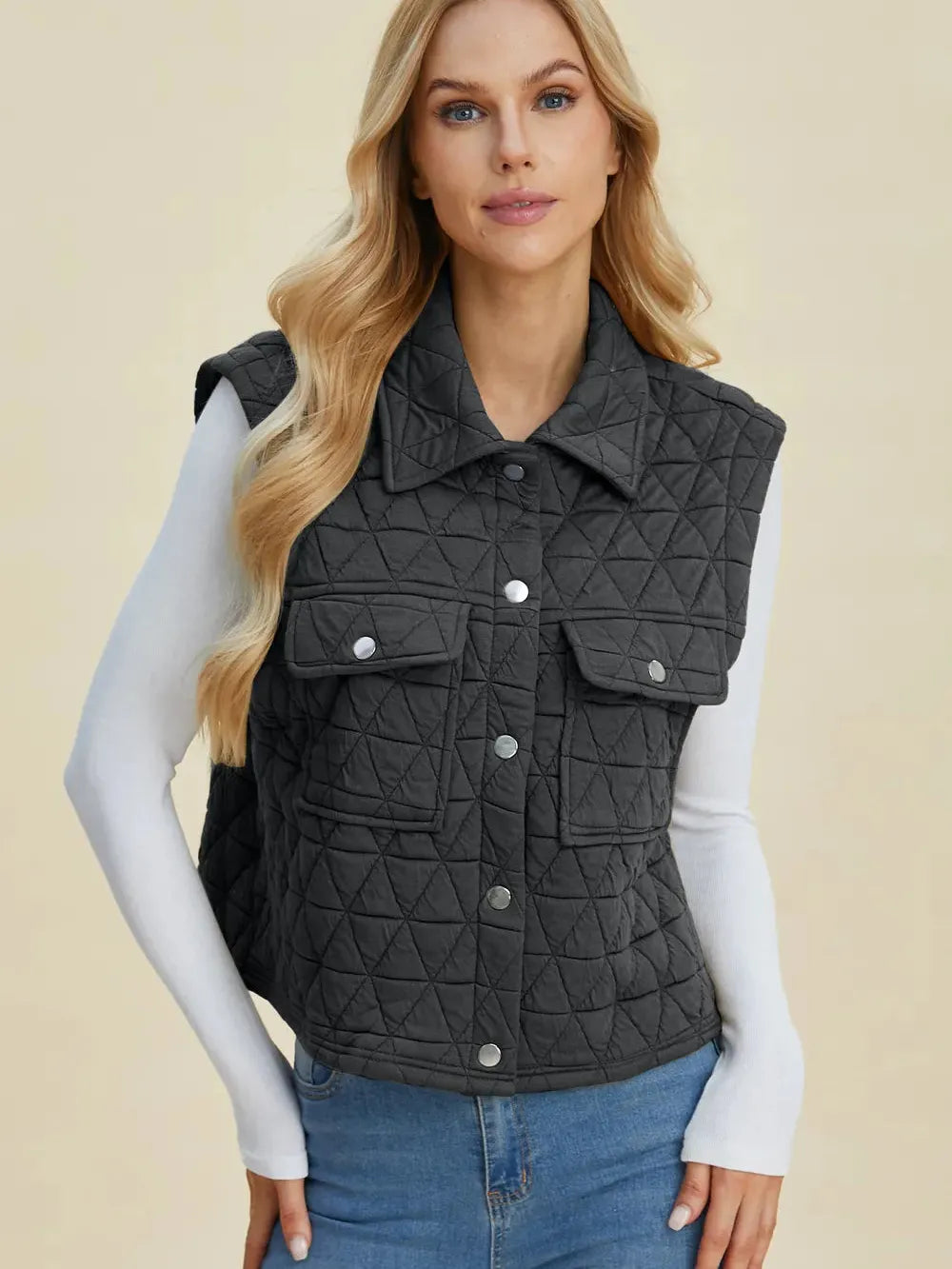 Double Take Full Size Pocketed Texture Snap Down Vest Coat-Women's Clothing-Shop Z & Joxa