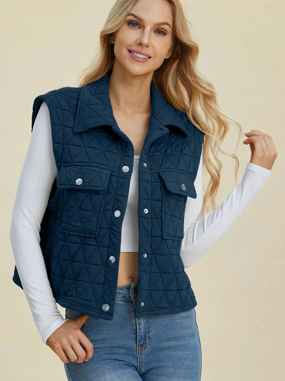 Double Take Full Size Pocketed Texture Snap Down Vest Coat-Women's Clothing-Shop Z & Joxa