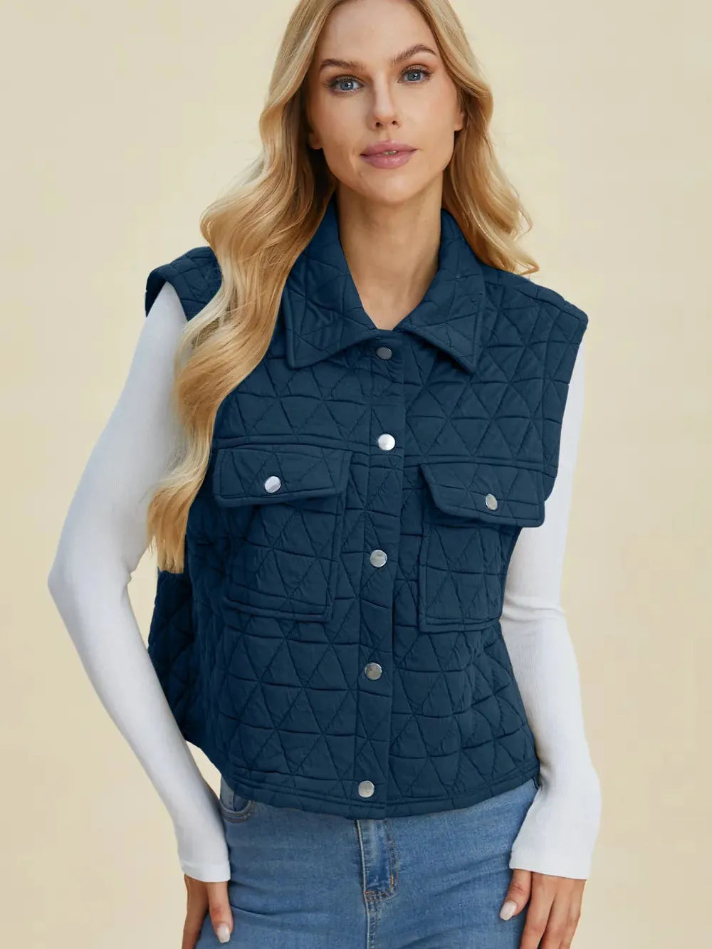 Double Take Full Size Pocketed Texture Snap Down Vest Coat-Women's Clothing-Shop Z & Joxa