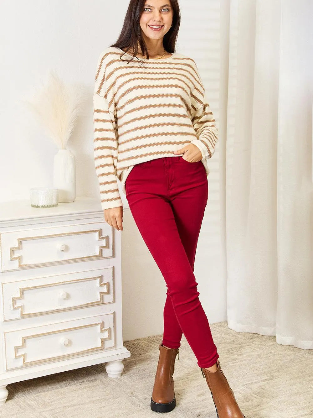 Double Take Golden Tide Striped Boat Neck Sweater-Women's Shirts & Tops-Shop Z & Joxa