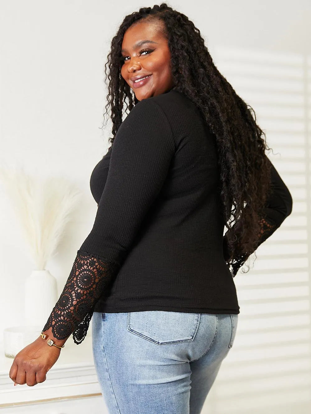 Double Take Midnight Kiss Crochet Hem Sleeve Button Top-Women's Shirts & Tops-Shop Z & Joxa