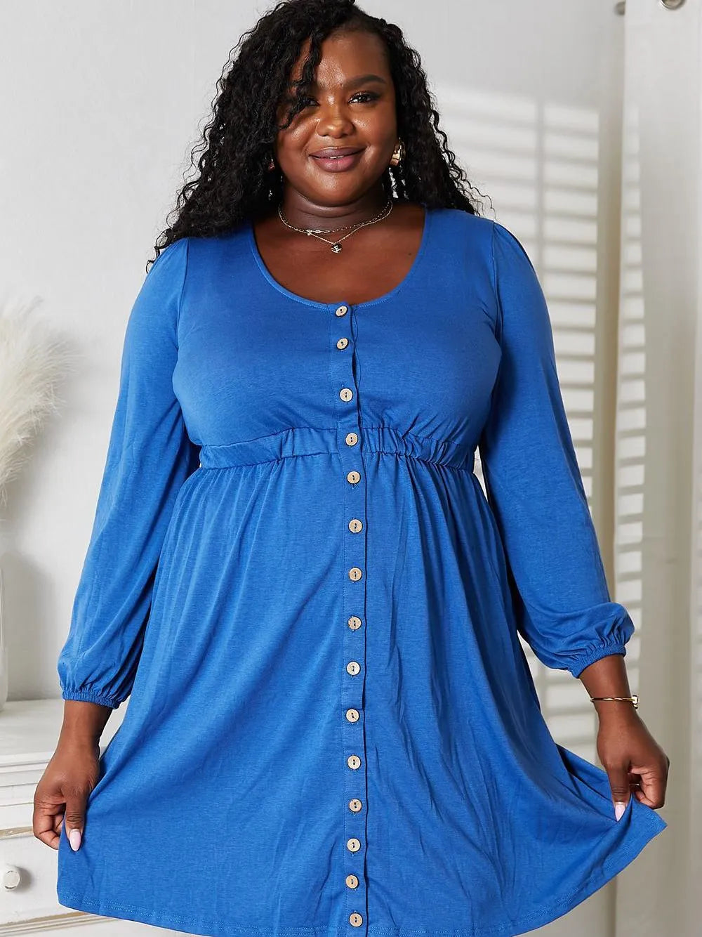 Double Take Royal Tease Empire Waist Button Mini Dress Z & Joxa Co. Double Take Royal Tease Empire Waist Button Mini Dress Z & Joxa Co.