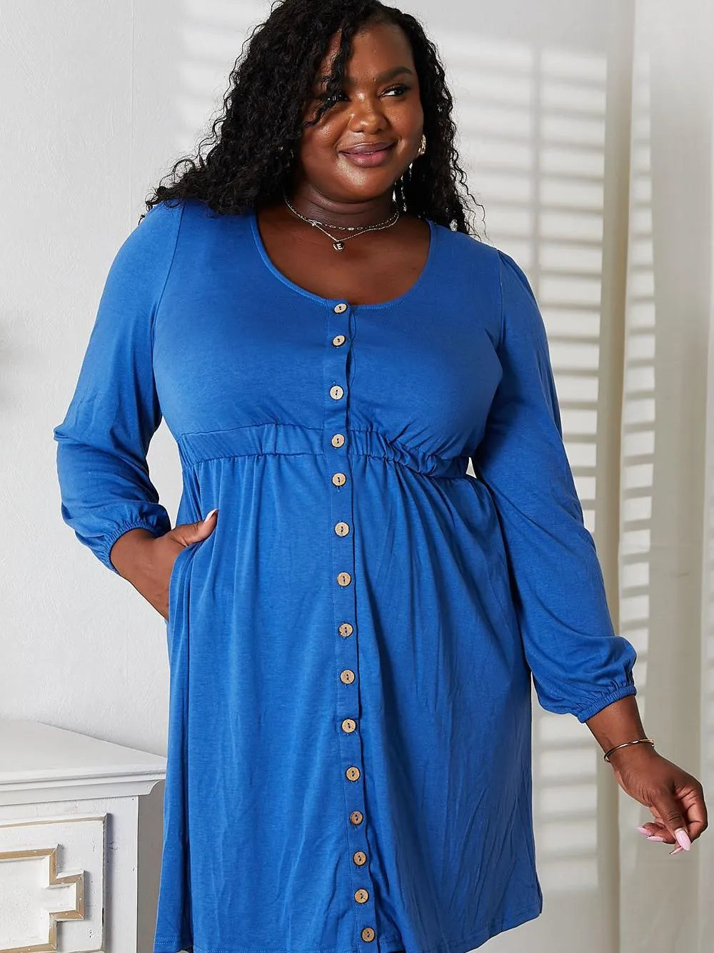 Double Take Royal Tease Empire Waist Button Mini Dress-Women's Dresses-Shop Z & Joxa