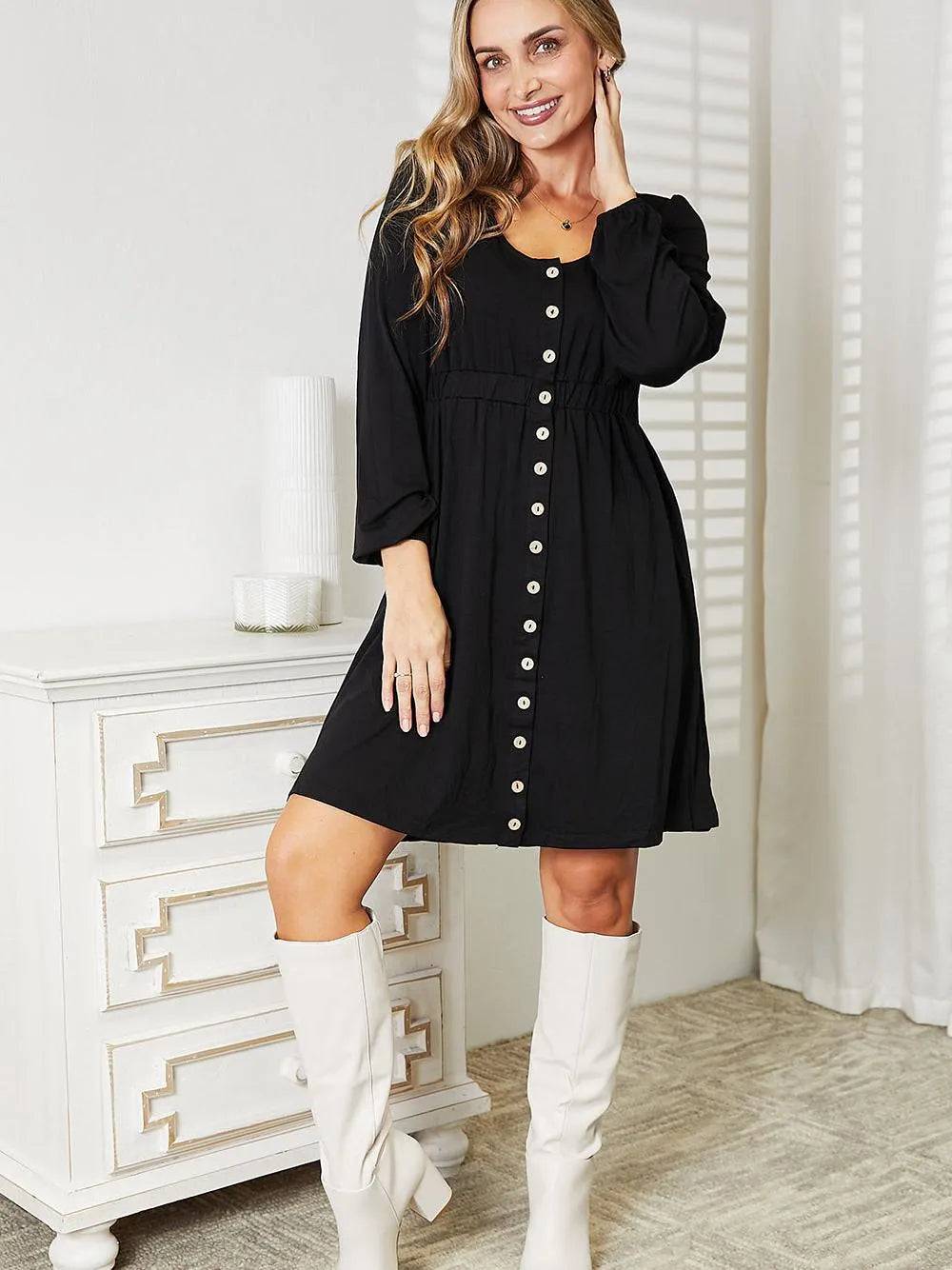 Double Take Royal Tease Empire Waist Button Mini Dress-Women's Dresses-Shop Z & Joxa