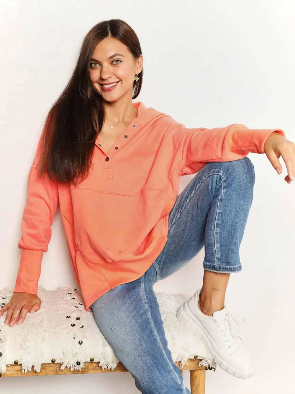 Double Take Tangerine Tease Quarter-Snap Dropped Shoulder Hoodie-Women's Shirts & Tops-Shop Z & Joxa