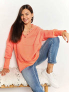 Double Take Tangerine Tease Quarter-Snap Dropped Shoulder Hoodie-Women's Shirts & Tops-Shop Z & Joxa