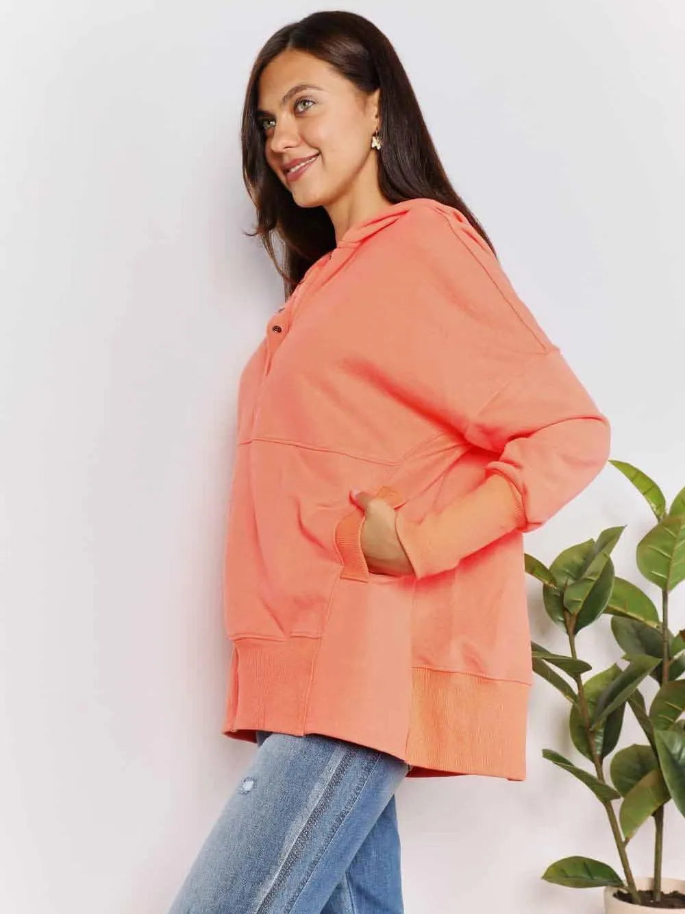 Double Take Tangerine Tease Quarter-Snap Dropped Shoulder Hoodie-Women's Shirts & Tops-Shop Z & Joxa