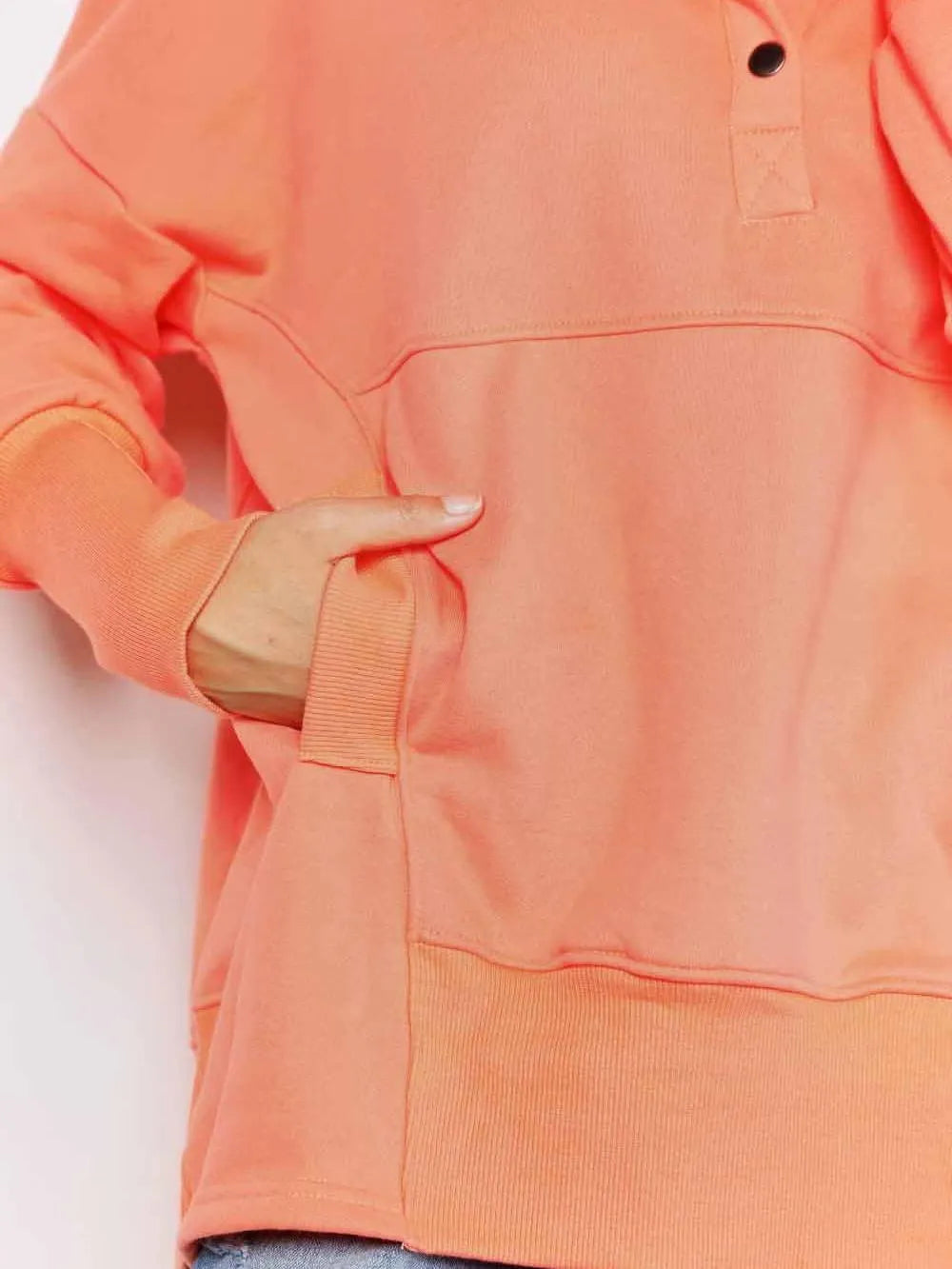 Double Take Tangerine Tease Quarter-Snap Dropped Shoulder Hoodie-Women's Shirts & Tops-Shop Z & Joxa