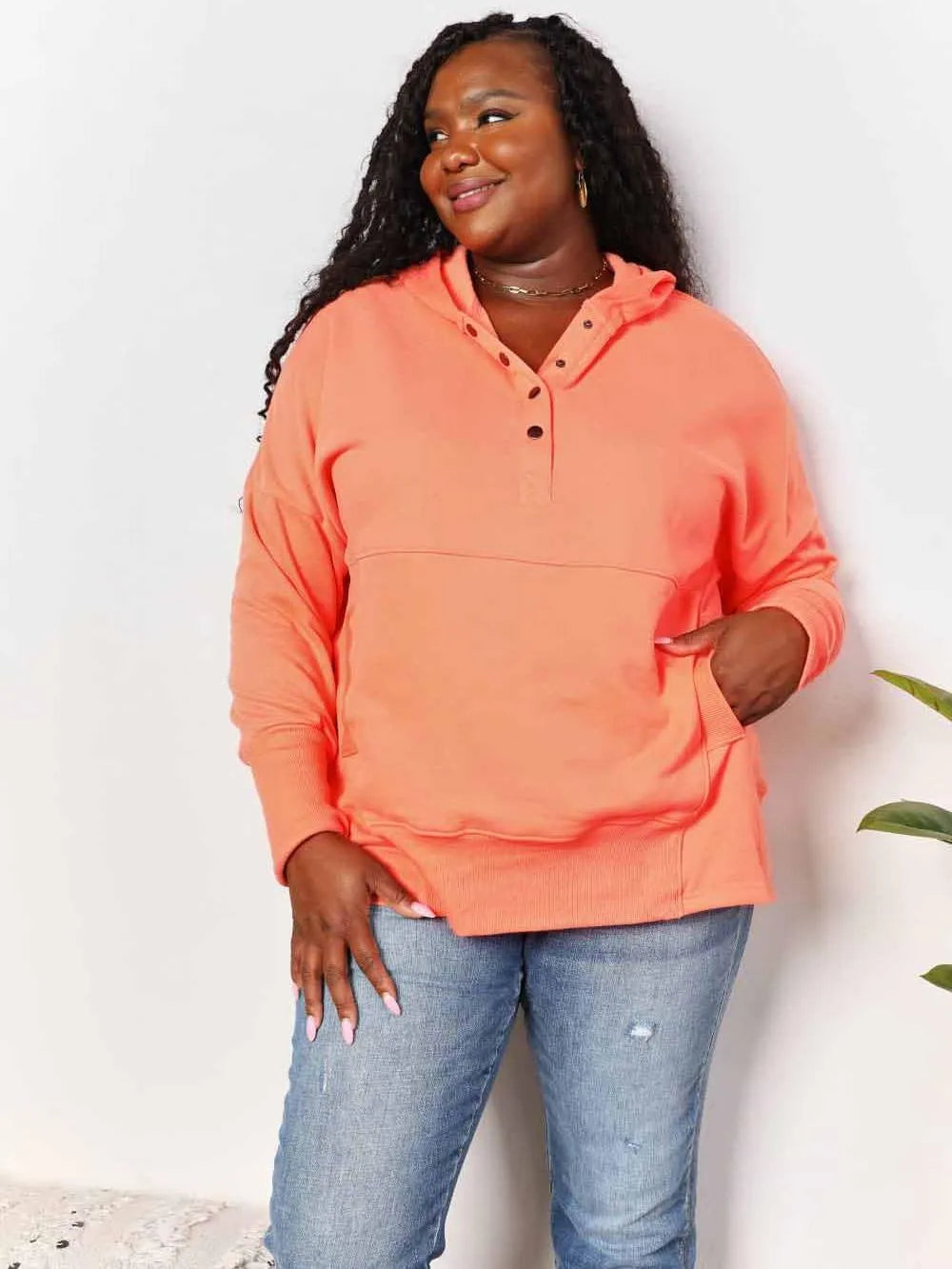 Double Take Tangerine Tease Quarter-Snap Dropped Shoulder Hoodie-Women's Shirts & Tops-Shop Z & Joxa
