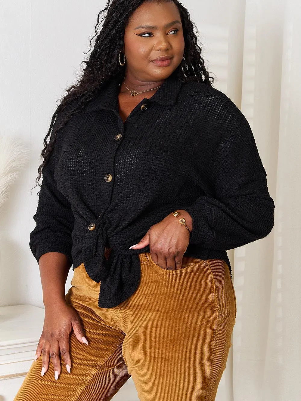 Double Take Waffle Statement Collared Long Sleeve Waffle Shirt-Women's Shirts & Tops-Shop Z & Joxa