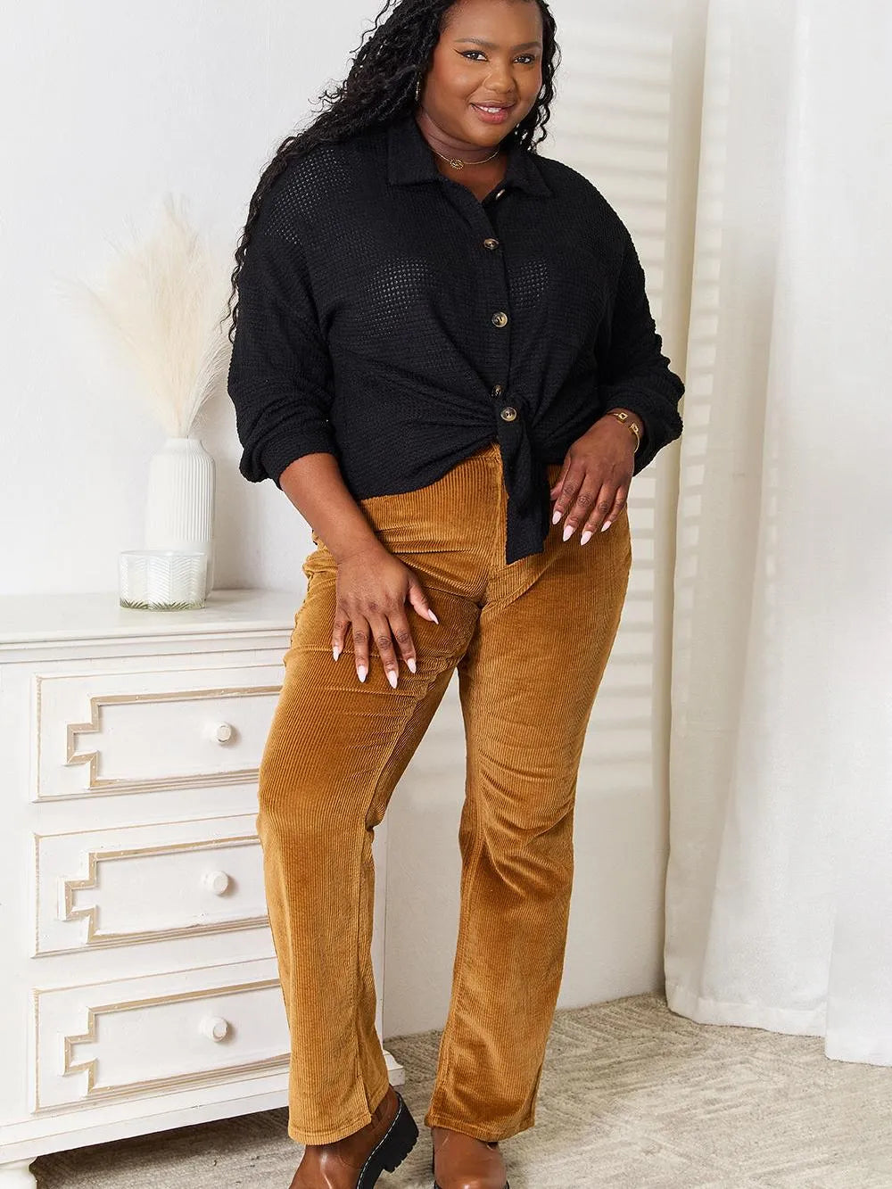 Double Take Waffle Statement Collared Long Sleeve Waffle Shirt-Women's Shirts & Tops-Shop Z & Joxa