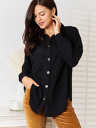 Double Take Waffle Statement Collared Long Sleeve Waffle Shirt-Women's Shirts & Tops-Shop Z & Joxa